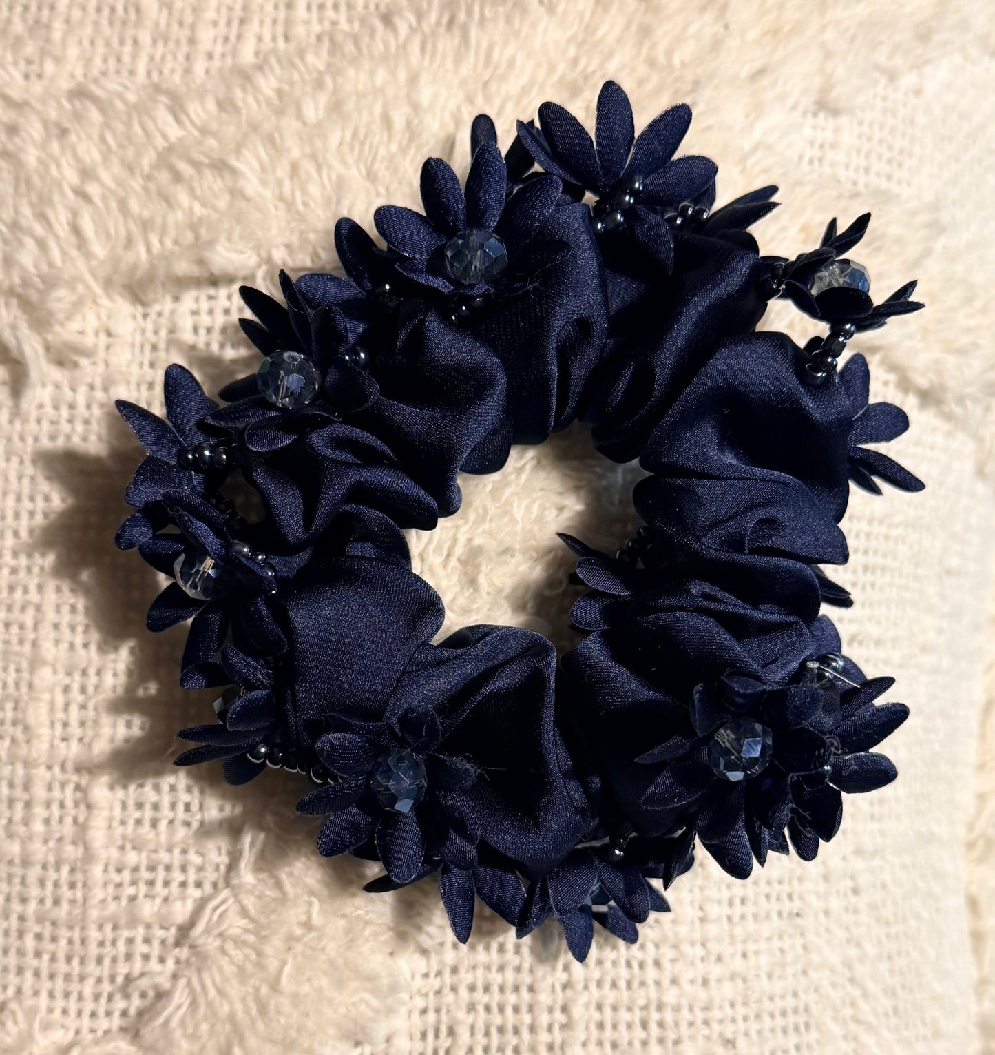 Navy Scrunchie with Flowers & Beaded Detail