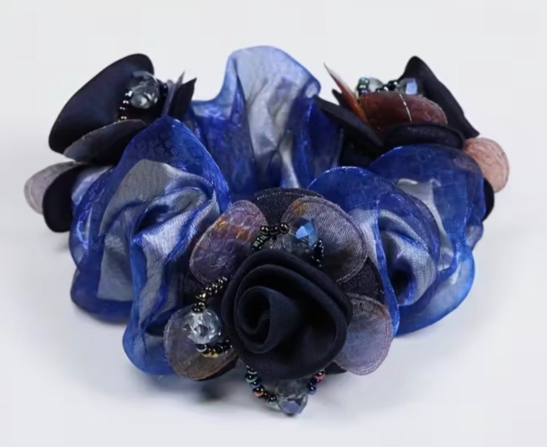 Sheer Flower - Navy Scrunchie