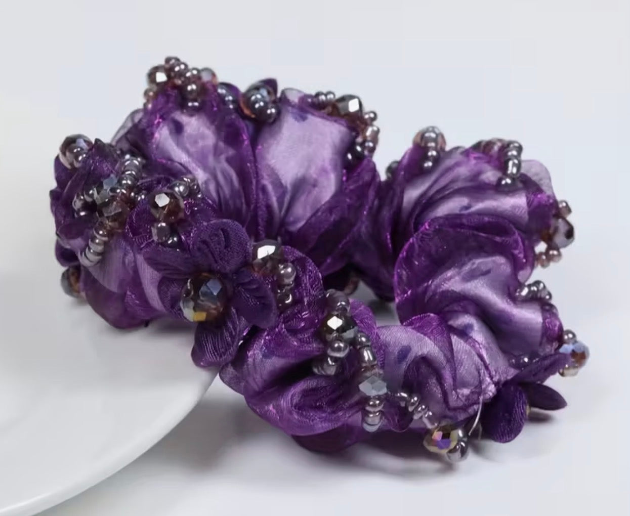 Beaded Purple Scrunchies with Small Roses