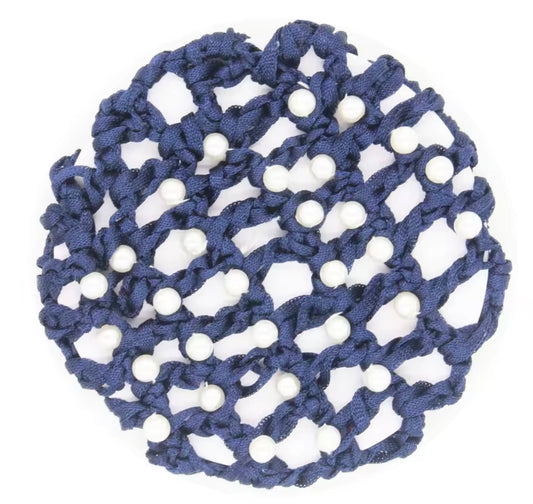 Navy Pearl Encrusted Crocheted Ribbon Hair Bun Net