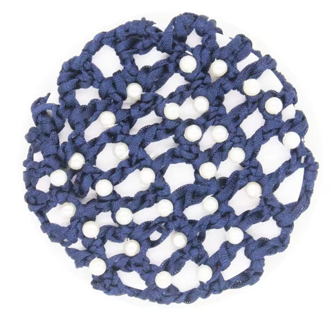 Navy Pearl Encrusted Crocheted Ribbon Hair Bun Net