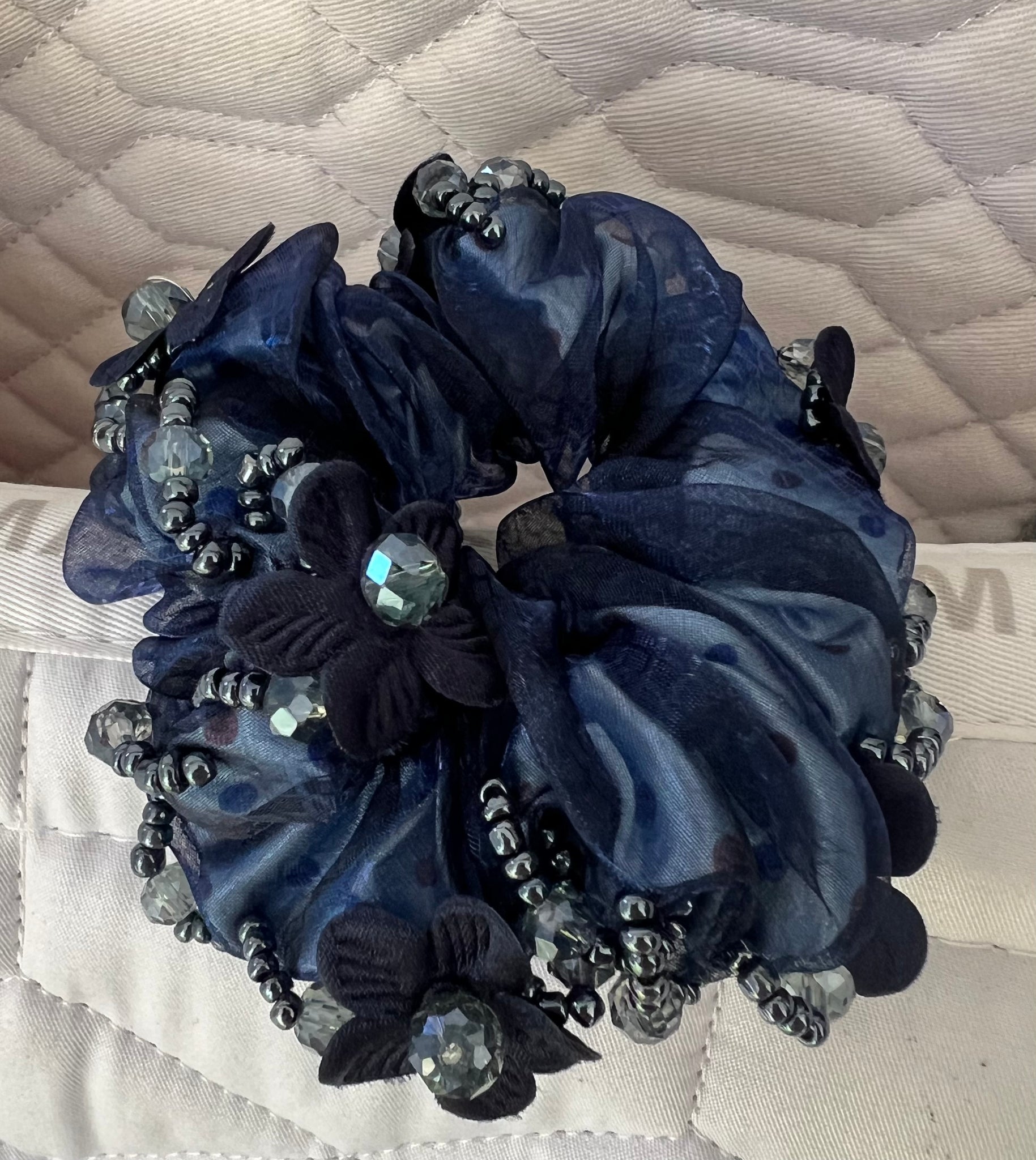 Beaded Navy Scrunchies with Small Roses