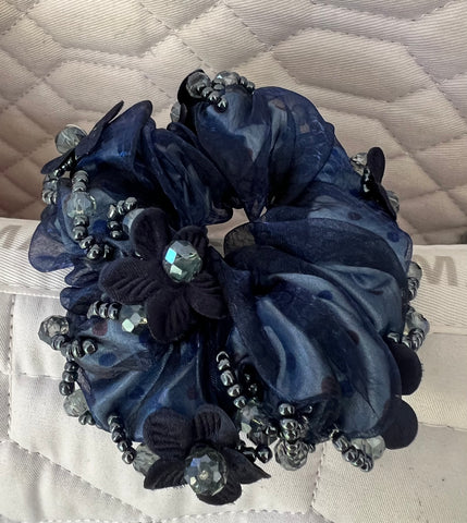 Beaded Navy Scrunchies with Small Roses