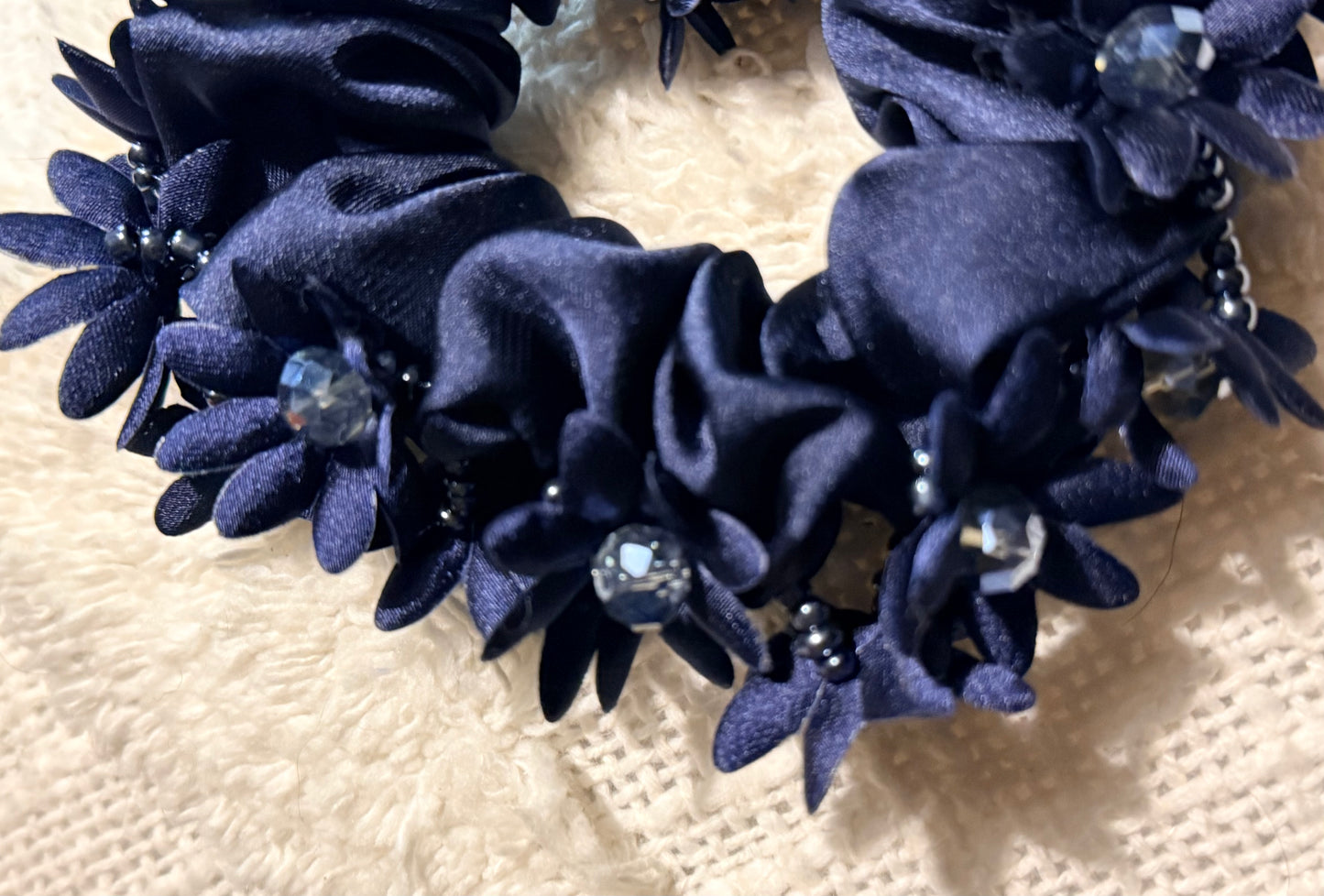 Navy Scrunchie with Flowers & Beaded Detail