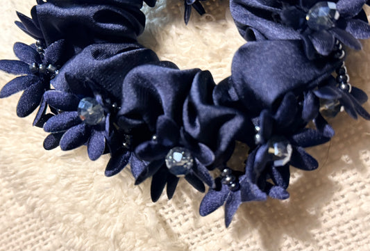Navy Scrunchie with Flowers & Beaded Detail