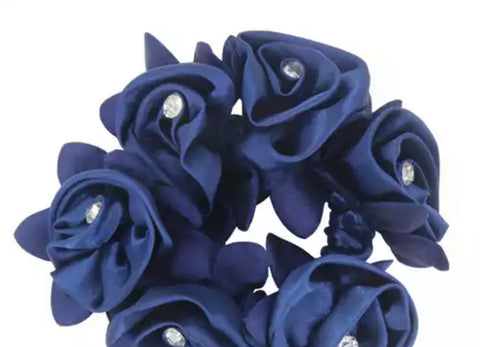 Navy - Rose Petal Hair Scrunchie with Crystals